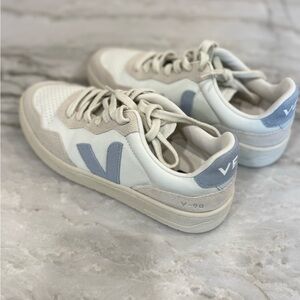 Veja V-90 Cream and Light Blue Sneakers